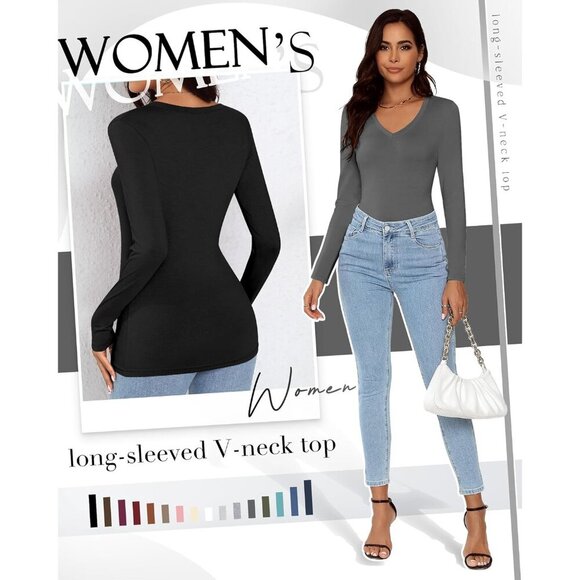 3 Pack Women's V Neck Long Sleeve Shirts Slim Fit Layering Undershirts - Picture 4 of 4